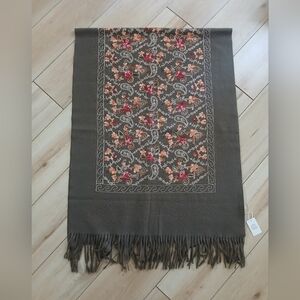 NWT Hand Embroidered Garden Rhinestone Scarf 78 x 27 Khaki Soft Cashmere Feel